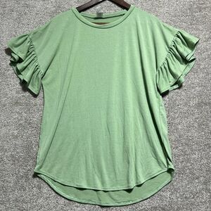 Acting Pro Woman’s Green Ruffle Short Sleeve Blouse Top Size 1X